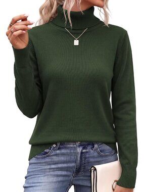 Women’s Army Green Long Sleeve Spilt Hem Knit Pullover Tops Chunky Knit Sweater